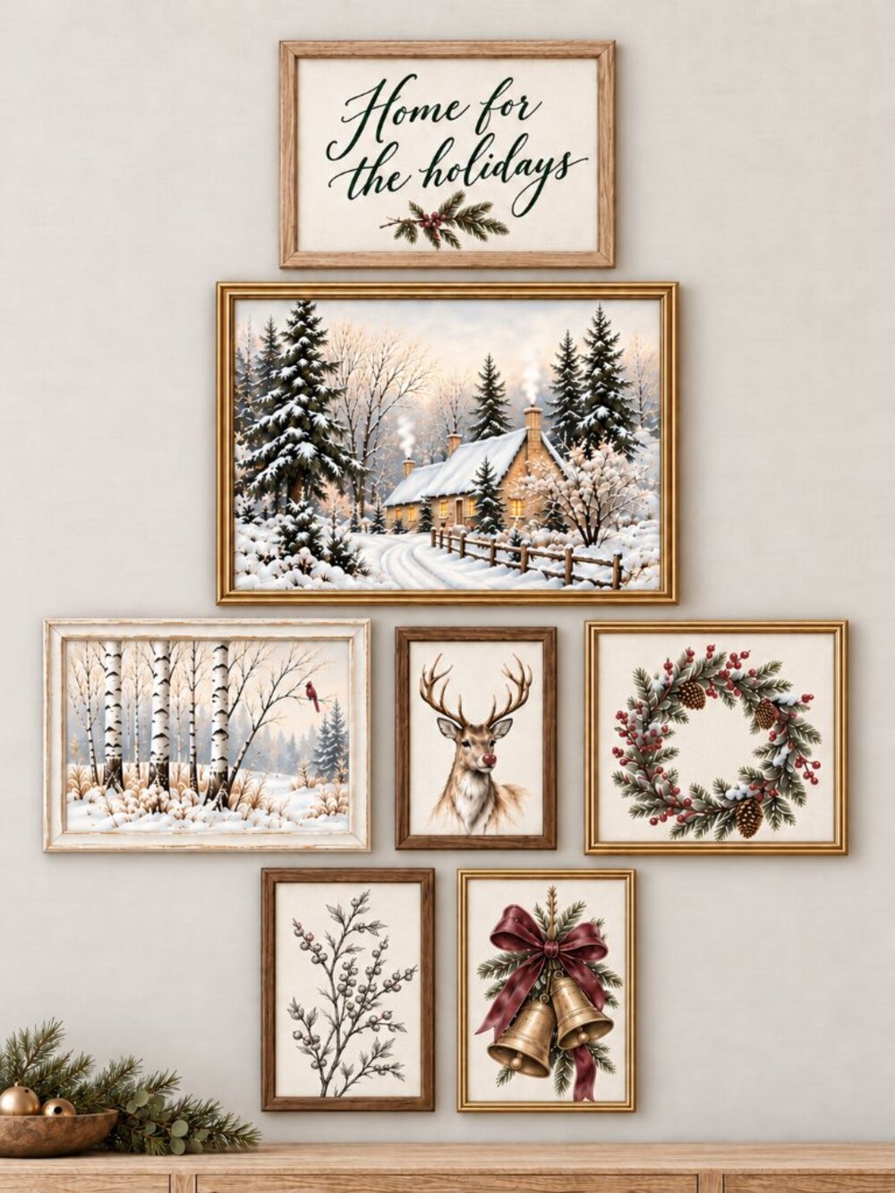 NEW Christmas Gallery Wall Art Set 7 Prints Cottage Botanical Unframed